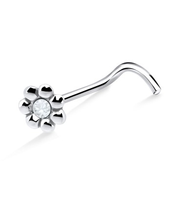 Stone Studded Flower Silver Curved Nose Stud NSKB-1012